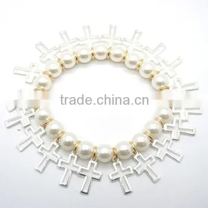 Handmade Bracelet Chain With 8 mm White Glass Beads and Hollow-out Cross thumbnail-3
