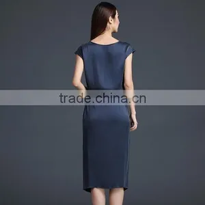 Women's Navy Short Sleeve Shift With Sash Neck Short Sleeve Slim Silk Midi Dress thumbnail-4