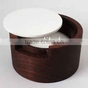 Modern Round Walnut Salt Box With White Lid - Dark Wood Salt Cellar thumbnail-1