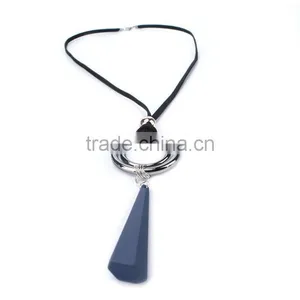 Silver Double Hoops Geometric Rubber Pendant Necklace Suede Velvet Leather Necklace Geometric Long Sweater Necklace thumbnail-6