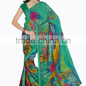 Mix Color Printed Designer Styles Saree With Blouse Material thumbnail-1