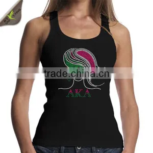 Latest Fashion AKA Afro Girl Rhinestone Transfer Motif On Cotton Black Fabric Tank Top Clothes thumbnail-1