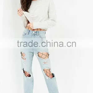 2017 Popular Super Trendy And Cute Mesh Legging Out From Under Fishnet Catsuit Sexy Bodysuit Layered With Ripped Denim thumbnail-3