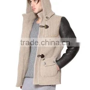 Men Hoodie Knitted Cardigan Leather Sleeve Wool Sweater Coat thumbnail-4