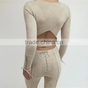 Runwaylover 074 New Style 2017 Ladies Fashion Two Piece Suits , Women Suede Crop Top And Tight Pants thumbnail-2