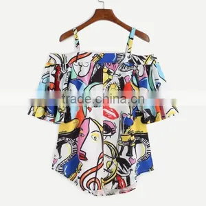 2017 New Designs Off Shoulder Printed Character Pattern Ladies Short Sleeve Blouses thumbnail-2