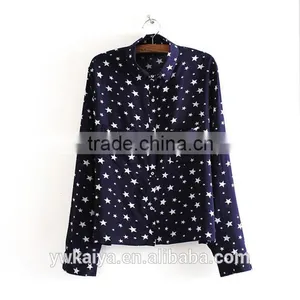 CVC Slim Fit Star Blue Fancy Casual Long Sleeve Women Shirt Wholesale thumbnail-1