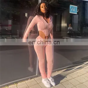 2020 Hot Sales Women Long Sleeve Hooded Clothing Set Ladies Sports Pleated Bodycon Clothing Sets thumbnail-1