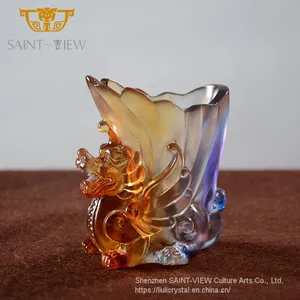 Liuli Crystal Glass Fish Lotus Office Feng Shui Decorative Pen Holder thumbnail-3