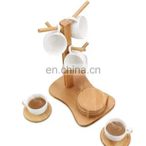 Household Multi-function Bamboo Coffee Cup Drying Holder Rack With 6 Coasters For Gift thumbnail-3