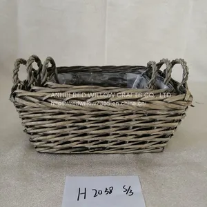 Grey Painted Willow Basket Of Different Shape With Ears And Clear Foil Inside thumbnail-2