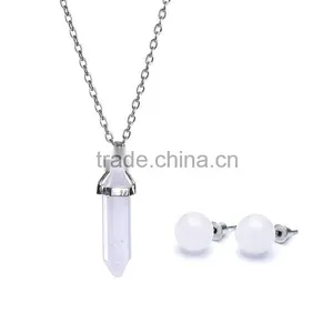Big Promotion Rose Quartz Natural Stone Bullet Wire Necklace Earrings Jewelry Set SMJ0169 thumbnail-4
