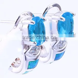 925 Sterling Silver Blue Opal Hoop Earrings Blue Topaz Earring thumbnail-2