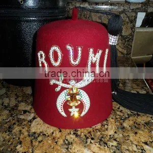 Rhinestones Burgundy Fez Hat for Boumi Temple 1 Row | Custom Embroidery Masonic Jeweled Fez thumbnail-1