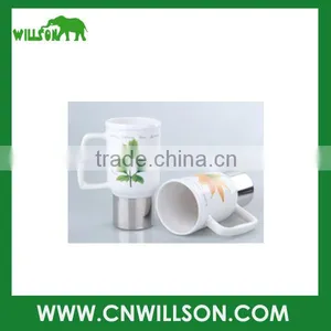 16oz/450ml White China Promotional Ceramic Cup With Lid, Stainless Steel Ceramic Mug thumbnail-1