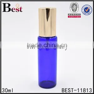 Wholesale Best Selling Cosmetic Packaging Golden Aluminum Spray Bottle Perfume Blue Glass Perfume Bottle 30ml China Manufacture thumbnail-1