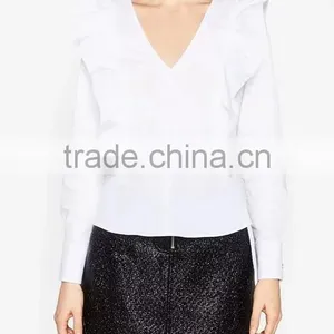 Runwaylover EY2390B Ladies Sexy Deep V-Neck 2017 Falbala Pure Color Blouse thumbnail-1