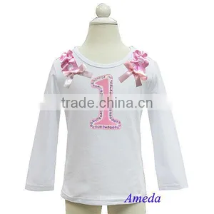 Pink White Polka Dots Ruffles Bling 1st Birthday White Long Sleeves Top 1-7Y thumbnail-1