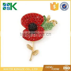 Beautiful Red Rhinestone Poppy Flower Brooch Four Petal Pin - Gift Remembrance thumbnail-1