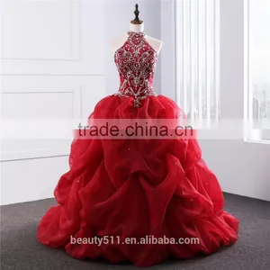 2018 Dramatic Quinceanera Dress Neck Line Beaded Appliques Red Organza Quinceanera Gowns ED025201 thumbnail-2