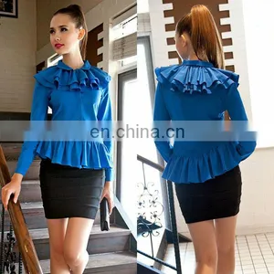 Korean Style Ladies Korean Style Ladies Blue Long Sleeve Ruffle Blouse thumbnail-1