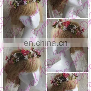 Aidocrystal Pink Goddess Flower Crown With Lace Bridal Wedding Party Hair Accessories thumbnail-2