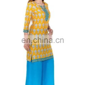 Premium Quality Fabric Yellow Color Leaf Print Casual Kurti for Woman thumbnail-5