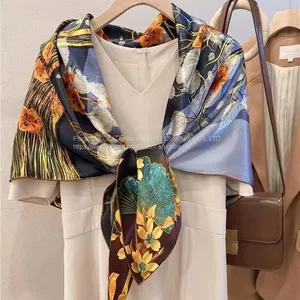 Oil Painting Flowers Silk Feels Soft Scarves Literature and Art Style High Quality 110*110CM thumbnail-5