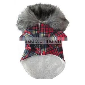 Luxury Fur Collar Horn Buttons Red and Blue Lattice Plaid Dog Coat With Extra Heavy Soft Wool Material Fit for Autumn and Winter thumbnail-6