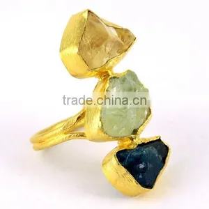 Greatfull Gold Plated Citrine_Aquamarine_Neon Blue Apatite 925 Sterling Silver Ring thumbnail-1