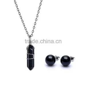 Big Promotion Rose Quartz Natural Stone Bullet Wire Necklace Earrings Jewelry Set SMJ0169 thumbnail-2