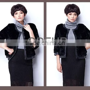 QD28321 Korea Style Rabbit Fur Jacket With Sheep Leather Trim thumbnail-1