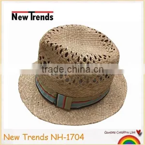 Soft Handfeel Hollow Out Handmade Raffia Straw Bucket Hat With Colorful Strip Band thumbnail-1