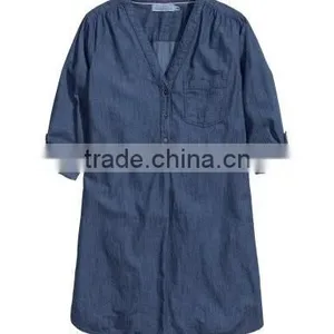 Women Long Sleeve V-neck Denim Shirt thumbnail-2