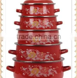 Graceful Red Full Decal Double Handle Enamel Cookware Set Kitchenware Enamel Pot 5 Pcs Stock Belly Pot With Lid thumbnail-1