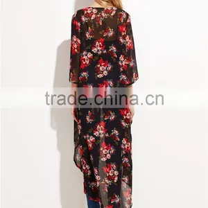 Custom Flower Print Women Soft Comfortable Beachwear Outwear Black Floral Longline Chiffon Kimono thumbnail-2