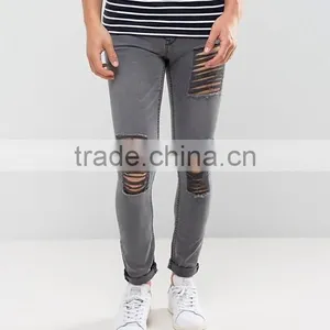 New Style Custom Men's Skinny Jeans Pants With Extreme Rips in Grey Wash thumbnail-2