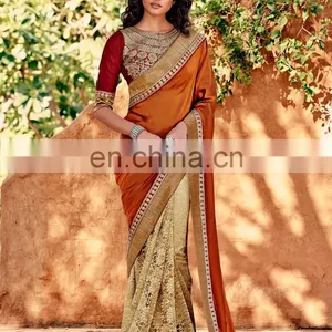 Mustard and Beige Colored Silk Crepe and Net Saree. thumbnail-1