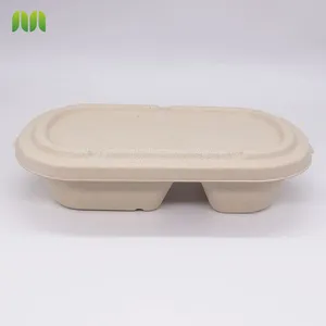 Sugarcane Bagasse Take Out Food Container 2 Compartment Oval Bgasse Bowl With Lid thumbnail-4