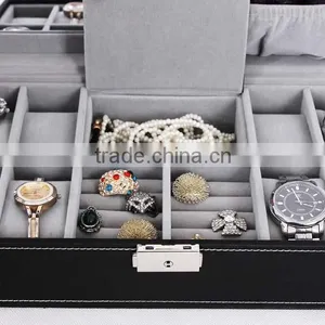 Black Leather Jewelry Box Watch Organizer Storage Case With Lock & Mirror thumbnail-4
