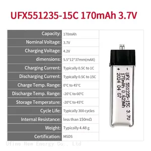 High Rate Batteries UFX 551235 15C 170mAh 3.7V The Small Lithium Ion Battery For Drone Toys thumbnail-2