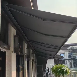 Motorized Retractable Fabric Awning Roof, Outdoor Waterproof Patio Canopy With LED Light for Restaurant & Commercial Use thumbnail-1