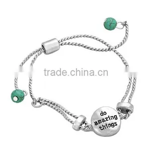 Adjustable Turquoise Bangle Wholesale, Do Amazing Things Charm Cord Bracelet Turquoise And Silver Color thumbnail-1