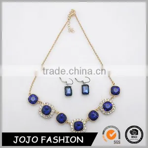 Wholesale Gold Chin Resin Jewelry Fashion Rhinestone Blue Ruby Necklace Set for Party thumbnail-1