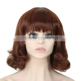 Fashion Bob Curly Red Color Wig With Full Bangs thumbnail-1