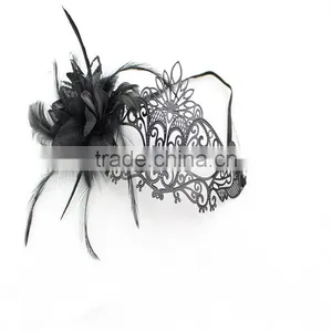 Black Metal Filigree Masquerade Mask Feathered Flower thumbnail-1