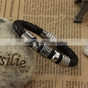 Mens Genuine Leather Bracelet With Magnetic Clasp Stainless Steel Beads thumbnail-2