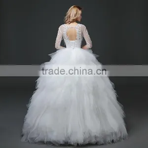 MGOO New Designs 2017 Sheer Neck 3/4 Long Sleeves Women Wedding Dress Ball Gown Embroidery Floor Length Dress thumbnail-6