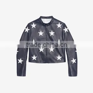 Fashion Contrasting Coloured Stars Cropped Leather Jackets for Women thumbnail-6