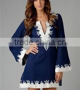 Beautiful Kurti Tunic Womens Embroidered Beach Tunic Tops Blouse Beaded Neckline Kurti for Girls Solid Cotton Viscose Long Beach thumbnail-1